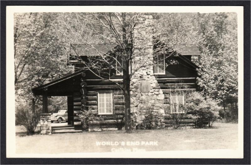 Worlds End State Park Pa Cabin And 1930s Car Real Photo Postcard