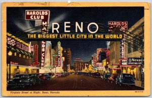 1955 Virginia St. At Night Reno Nevada The Biggest Little City Posted Postcard
