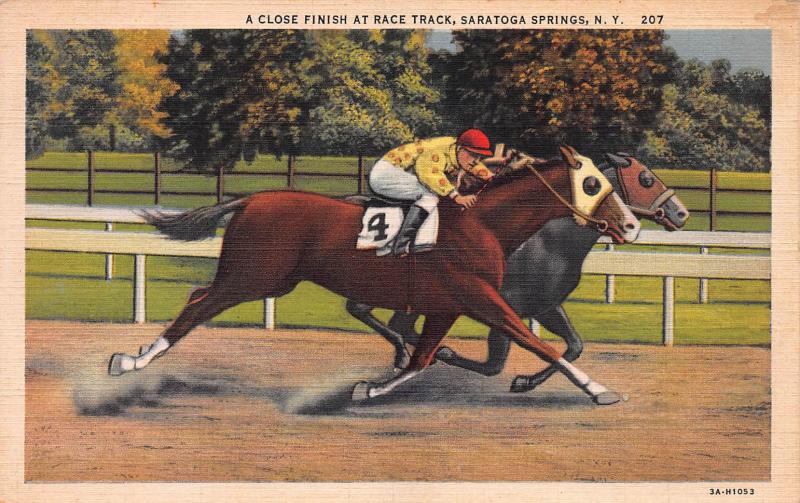 A Close Finish at Race Track, Saratoga Springs, N.Y., Early Linen Postcard, Used