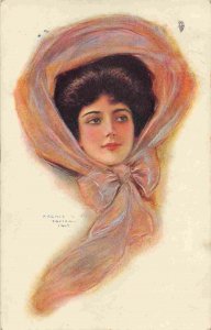 Beautiful Lady Woman Hat Large Bow Scarf Artist Signed Archie Gunn 1908 postcard