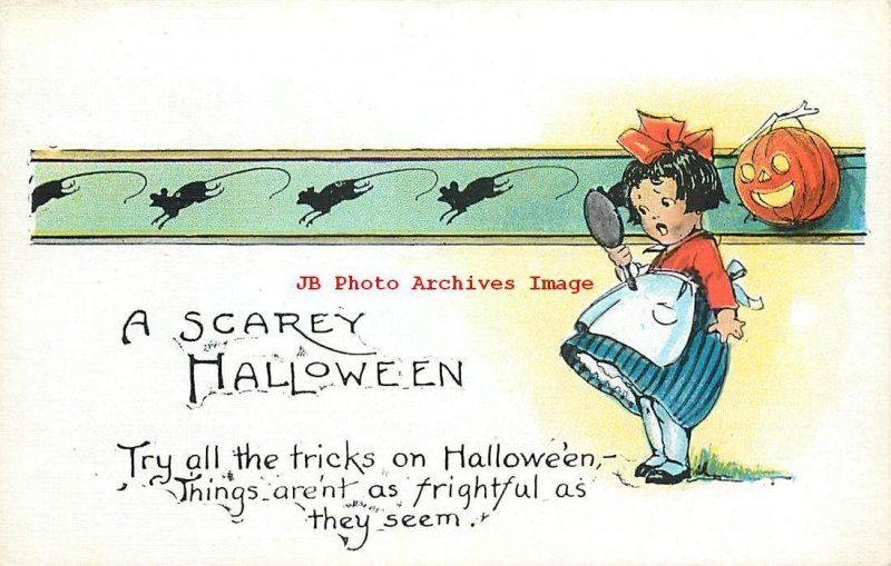 Halloween, Miller Art No 298a-4, Girl Frightened by JOL Image in Mirror, Mice 