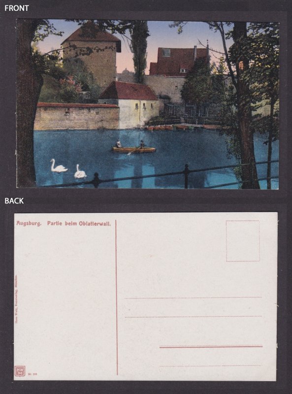 Augsburg Germany Oblatterwall moat tower swans boats 1910s vintage postcard