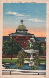 circa 1920's Fountain Union Station & Park Augusta Ga. Postcard 2R5-451