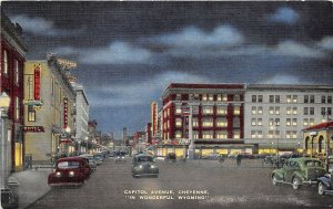 Cheyenne Wyoming 1940s Postcard Capitol Avenue at Night Hotel Cars
