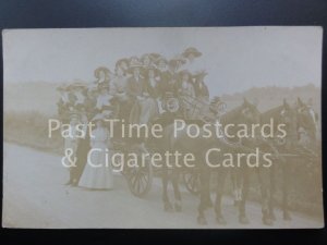 c1911 RP Large Group of Women on a 22 Seat Three-Horse Coach / Cart (Omnibus?)
