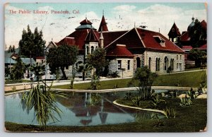 Pasadena California~Panorama Public Library & Lake~Vintage Postcard