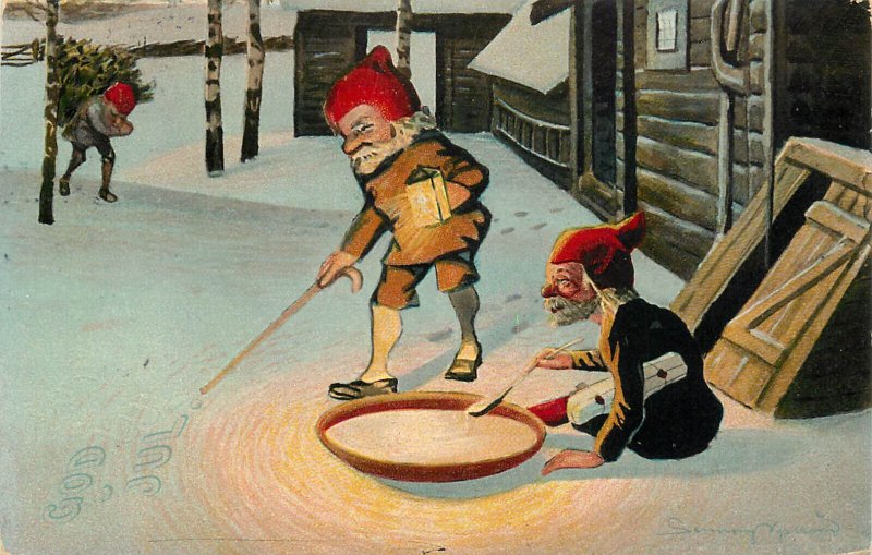Sweden God Jul drawn dwarfs winter seasonal greetings postcard 1910s