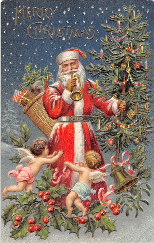 F25/ Santa Claus Merry Christmas Postcard c1910 Tree Kids Horn 22