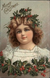 CHRISTMAS Beautiful Little Blue-Eyed Girl HOLLY CROWN Antique Postcard