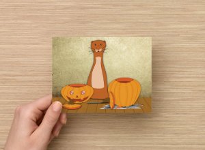 Single (1) Original Art Postcard Oliver The Otter Carves A Pumpkin For Halloween