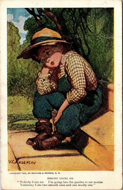 Pensive Boy Sitting on Stoop, Overalls V.C. Anderson c1913 Postcard M14