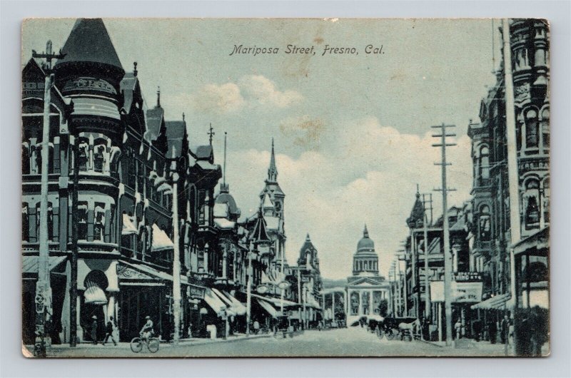 c1910 Postcard Fresno CA California Mariposa Street Bicycle Horse Buggy