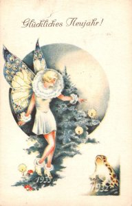 German New Year Greetings Fantasy Fairy Mushrooms and Frog Postcard AA44358