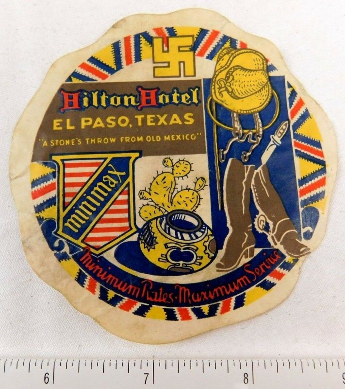 1920's-30's Hilton Hotel, El Paso, TX Early Swastika Luggage Label Vintage E5