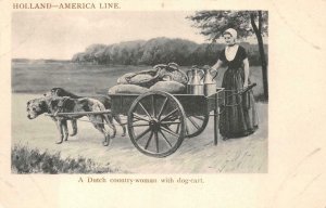 HOLLAND AMERICA SHIP LINE DUTCH WOMAN & DOG CART POSTCARD (c. 1920)