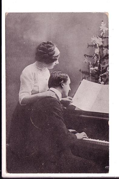 B&W Photo Couple Singing at Piano, Christmas Tree, Used Korsnaes Finland 1913