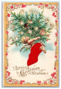 Christmas Wishes Angel Cherub Carrying Christmas Tree Candles Silk Postcard 