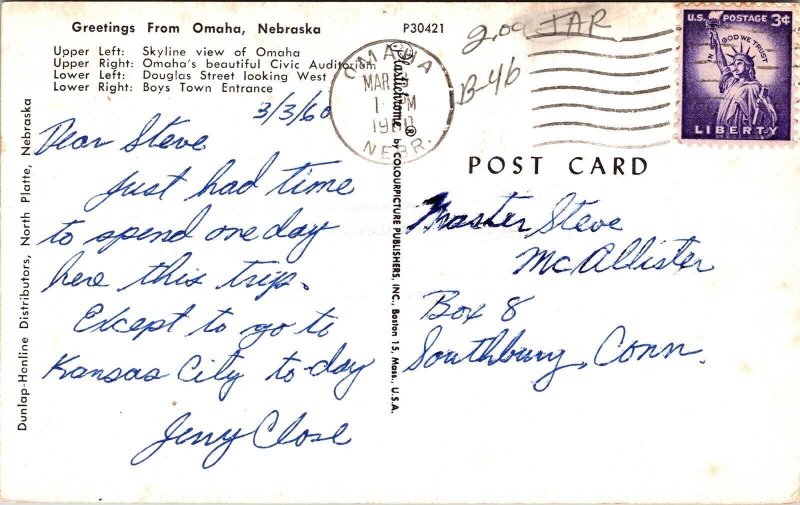 Greetings Omaha Nebraska Multi View 1960 Wob Note Pm Postcard 