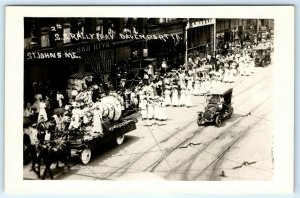 1910s Davenport, Iowa Sunday School Parade Real Photo Downtown Storefront A7