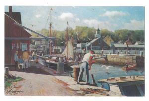 Cape Ann MA Harbor Fisherman Loading Bait Artist J Bradford Hague Postcard