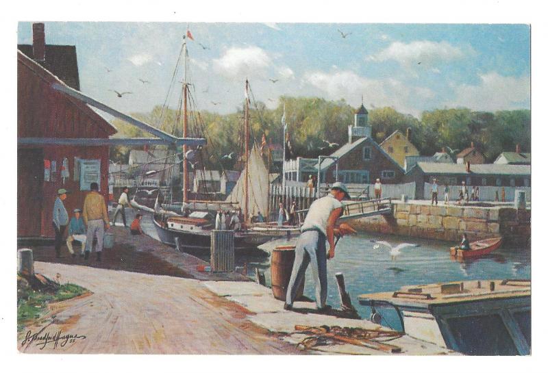 Cape Ann MA Harbor Fisherman Loading Bait Artist J Bradford Hague Postcard