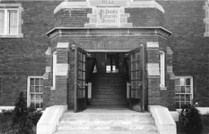 Whittemore Iowa~St Paul's Lutheran School Entrance~Doors Open~1950s RPPC