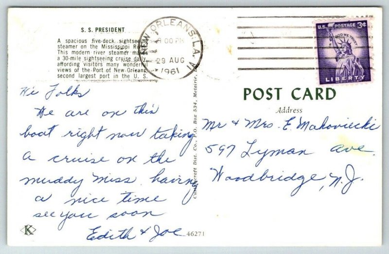 SS President  Mississippi River     Postcard  1961