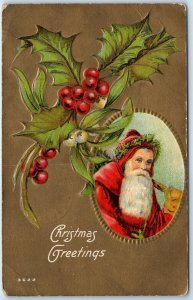 c1910s Christmas Greetings Gilt Back Old Wizard Santa Claus Robe Postcard A279