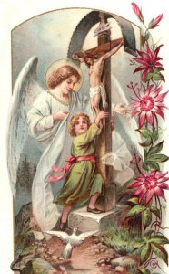 1870s-80s Religious German Trade Card Beautiful Angel Jesus On Cross F140