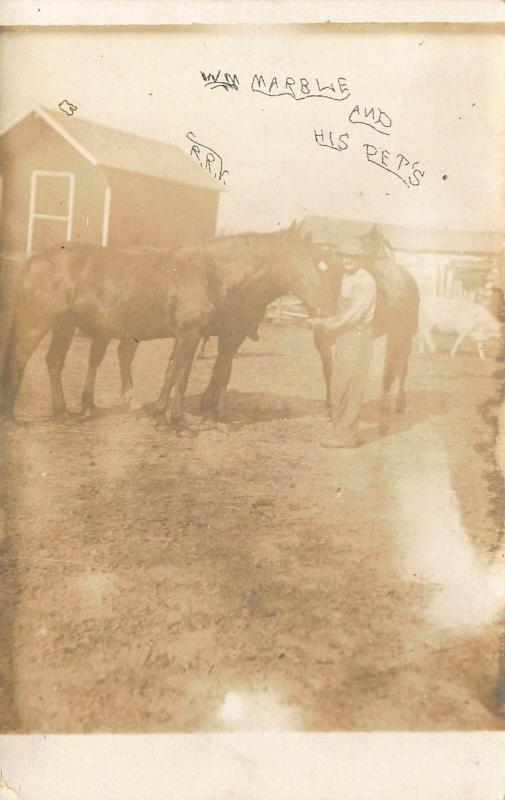 EARLY 1900'S W.M. MARBEL AND HIS PET HORSES  RPPC REAL PHOTO POSTCARD