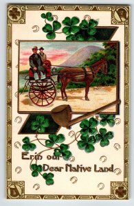 St Patricks Day Postcard Horse Carriage People Gold Pipe Embossed Ireland Unused