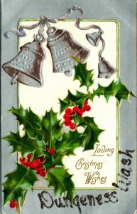 Loving Natale Auguri Argento Campane Agrifoglio Baughs Goffrato Udb Postcard Unp