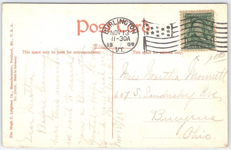 Burlington VT High School 1908 Postcard Hugh C. Leighton Hand-Colored