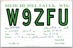 1958 QSL Radio Card Code W9ZFU Menomonee Falls Wisconsin Station Posted Postcard