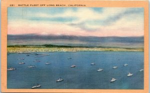 1930s WWII Battle Fleet off Long Beach California Linen Postcard