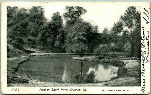 1900s Quincy, Illinois Postcard Pool in South Park Lake View w/ RPO Cancel