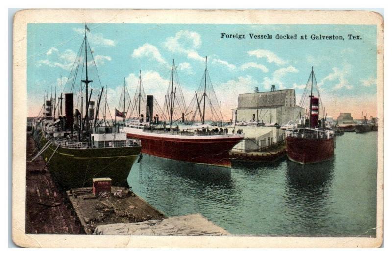 Foreign Vessels Docked at Galveston, TX Postcard *5F6