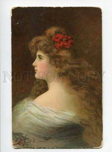 3023111 Woman w/ Long Hair RED FLOWER Angelo ASTI vintage RPPC