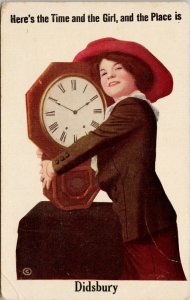Didsbury Alberta Here's Time & the Girl Young Woman Clock AB Postcard H4 *as is