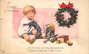 Christmas Greetings Toy Doll 1924 Missing Stamp light postal marking on front