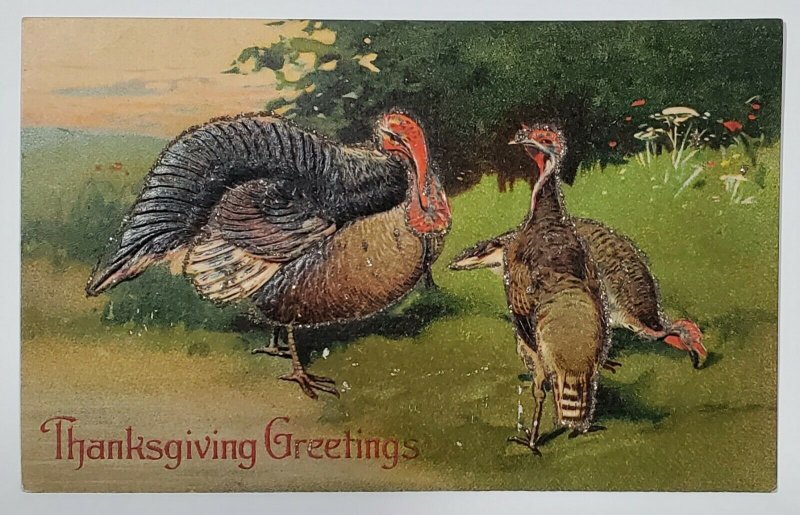Thanksgiving Greetings Turkey Embossed Glitter Decorated Postcard U15