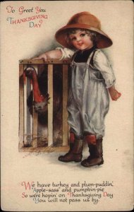 Clapsaddle Thanksgiving Wolf Pup Little Boy with Crated Turkey c1910 PC