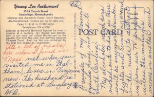Cambridge Massachusetts MA Young Lee Restaurant Linen Vintage Postcard