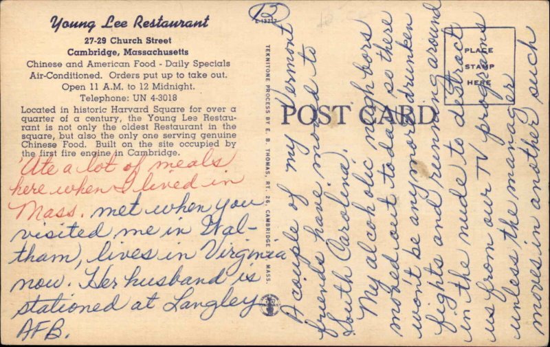 Cambridge Massachusetts MA Young Lee Restaurant Linen Vintage Postcard