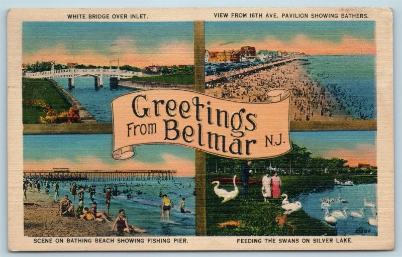 Postcard NJ Belmar Multiview Greetings Beach Silver Lake White Bridge 4 View M08