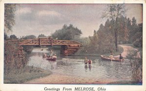 Melrose Ohio 1920s Greetings Postcard Bridge Over Stream Boats