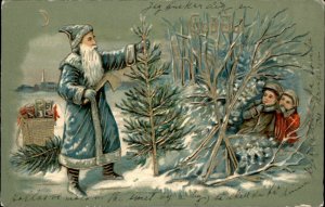 Christmas Santa Claus Blue Cloak Chops Tree Gilt Embossed Vintage Postcard