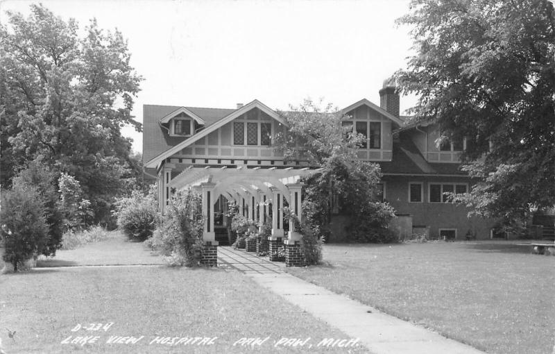 Paw Paw Michigan~Colonnade Leading to Stick-Style Lake View Hospital~RPPC 1940s 