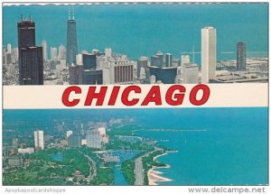 Illinois Chicago Aerial View Of Downtown Chicago And Lake Michigan Showing Th...