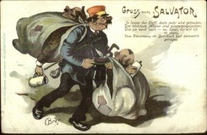 Gruss Vom Salvator German Comic Man Carries Drunks in Sacks Postcard